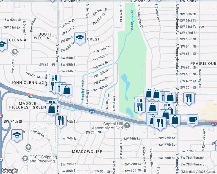 map of restaurants, bars, coffee shops, grocery stores, and more near 2524 Southwest 69th Street in Oklahoma City