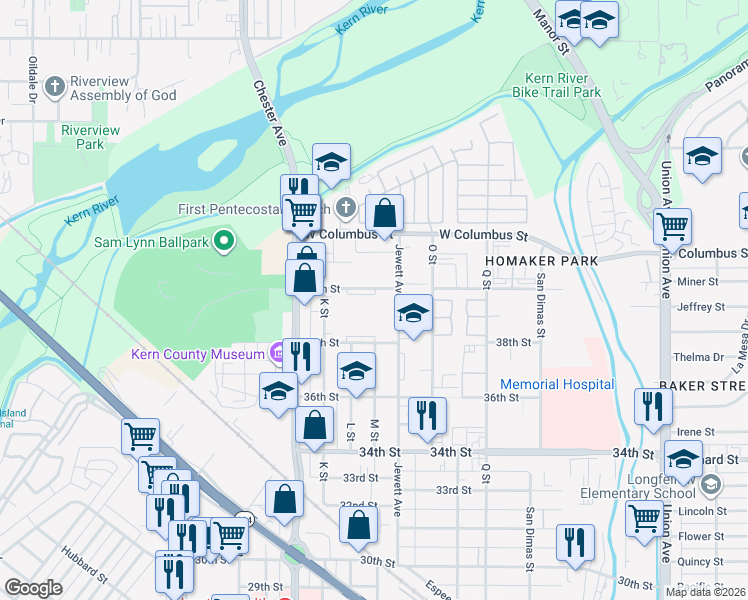 map of restaurants, bars, coffee shops, grocery stores, and more near 1201 40th Street in Bakersfield