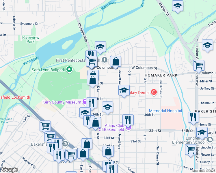 map of restaurants, bars, coffee shops, grocery stores, and more near 1201 40th Street in Bakersfield
