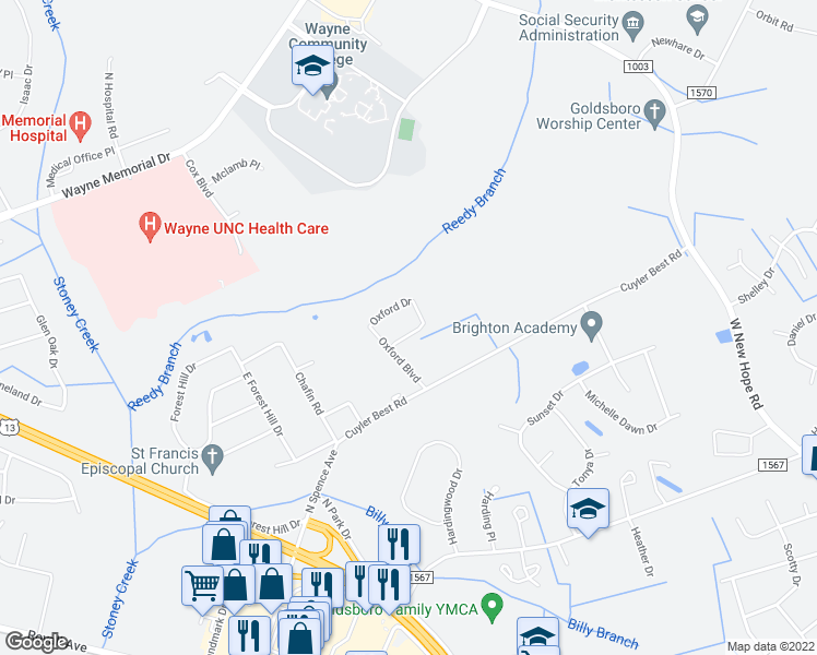 map of restaurants, bars, coffee shops, grocery stores, and more near 111 Oxford Drive in Goldsboro