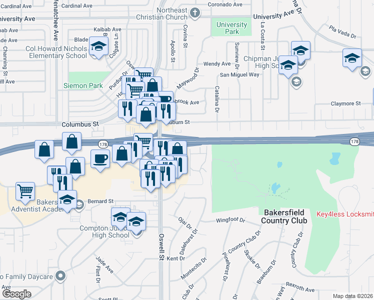 map of restaurants, bars, coffee shops, grocery stores, and more near 2323 Easthills Drive in Bakersfield