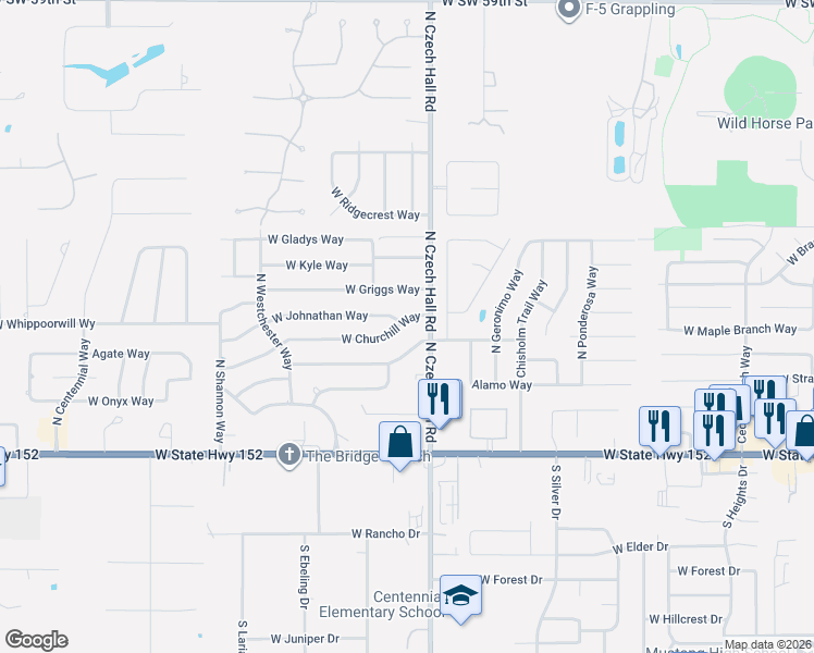 map of restaurants, bars, coffee shops, grocery stores, and more near 913 West Dorchester Way in Mustang