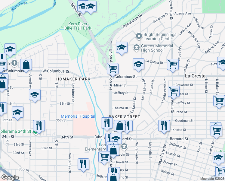 map of restaurants, bars, coffee shops, grocery stores, and more near 2 Jeffrey Street in Bakersfield