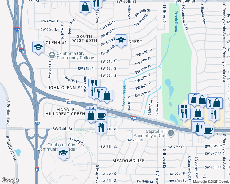 map of restaurants, bars, coffee shops, grocery stores, and more near Diana Dr in Oklahoma City