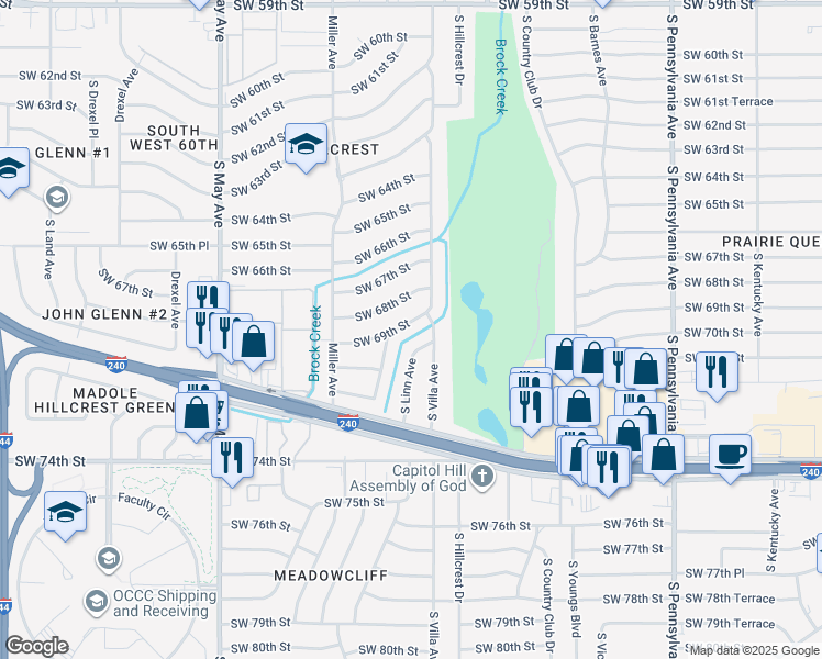 map of restaurants, bars, coffee shops, grocery stores, and more near 2524 Southwest 69th Street in Oklahoma City