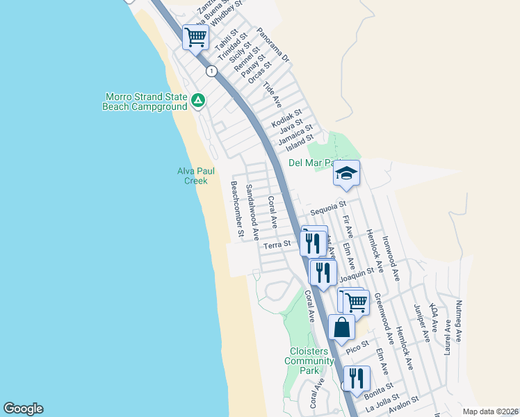 map of restaurants, bars, coffee shops, grocery stores, and more near 160 Damar Street in Morro Bay
