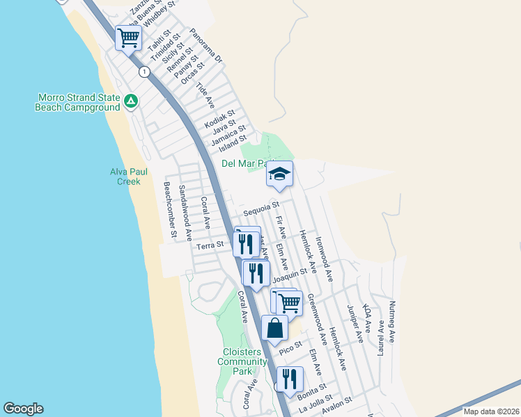 map of restaurants, bars, coffee shops, grocery stores, and more near 501 Sequoia Street in Morro Bay