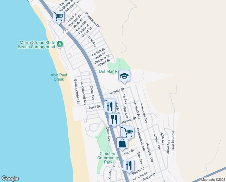 map of restaurants, bars, coffee shops, grocery stores, and more near 391 Sequoia Street in Morro Bay