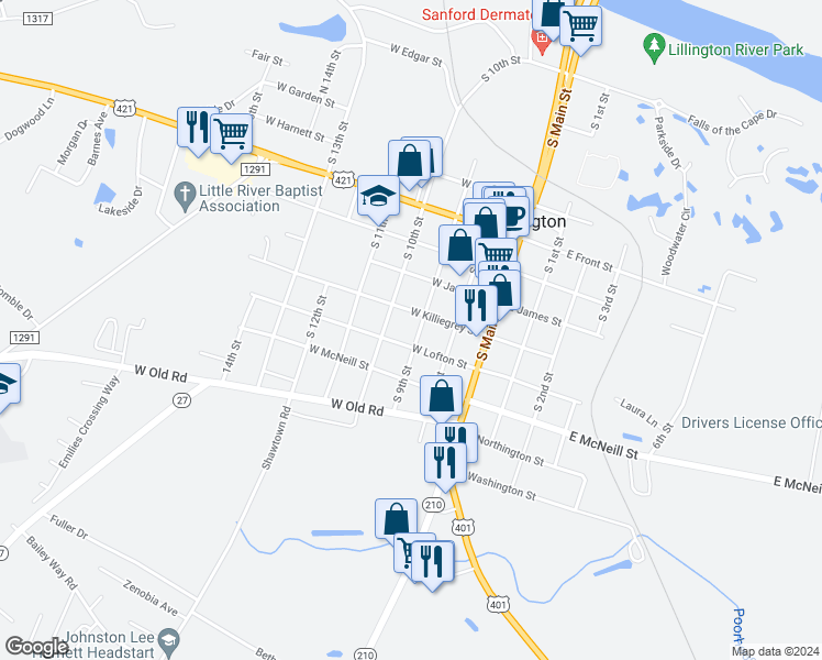 map of restaurants, bars, coffee shops, grocery stores, and more near 1106 South 9th Street in Lillington