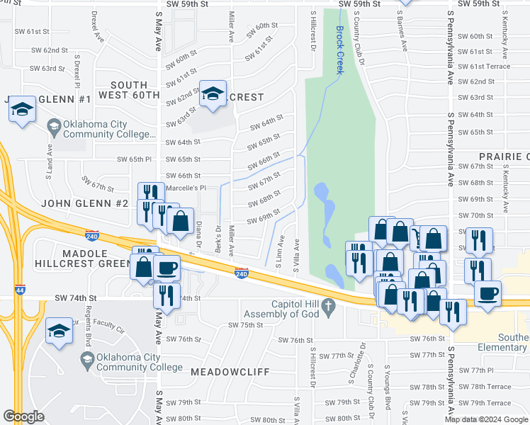 map of restaurants, bars, coffee shops, grocery stores, and more near 2533 Southwest 69th Street in Oklahoma City