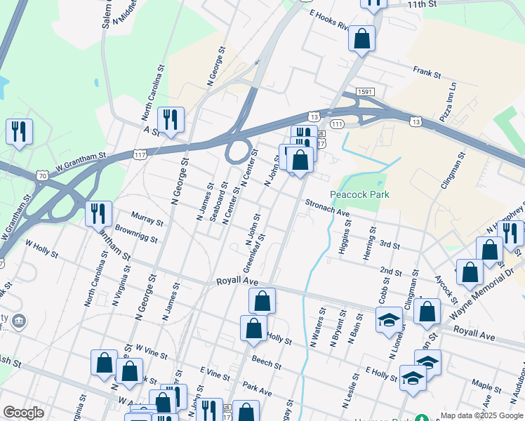 map of restaurants, bars, coffee shops, grocery stores, and more near 922 North John Street in Goldsboro