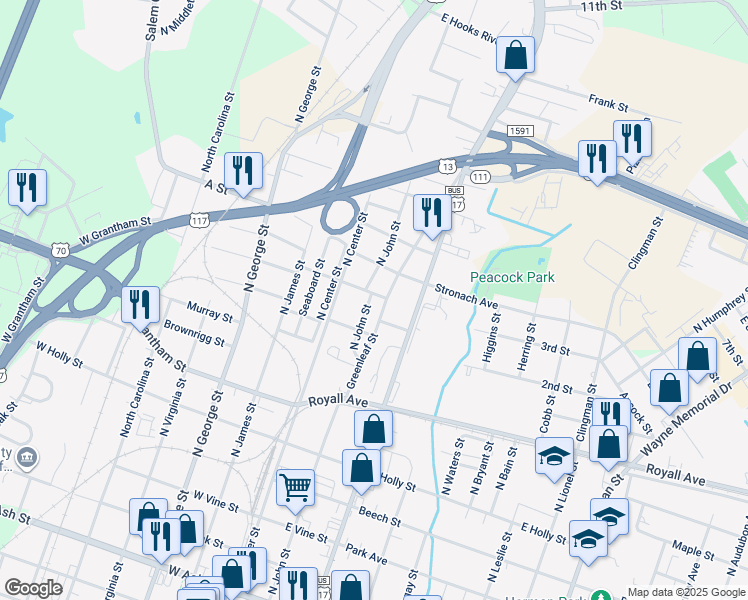 map of restaurants, bars, coffee shops, grocery stores, and more near 922 North John Street in Goldsboro