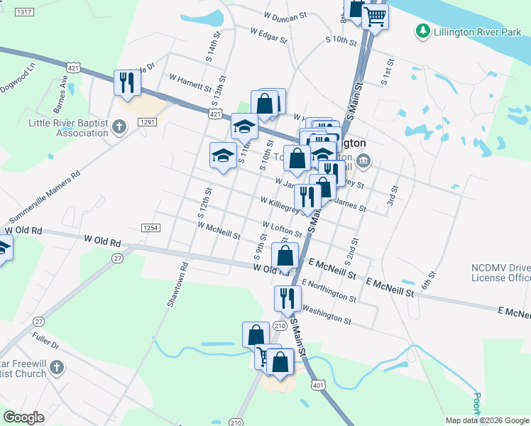 map of restaurants, bars, coffee shops, grocery stores, and more near 1106 South 9th Street in Lillington