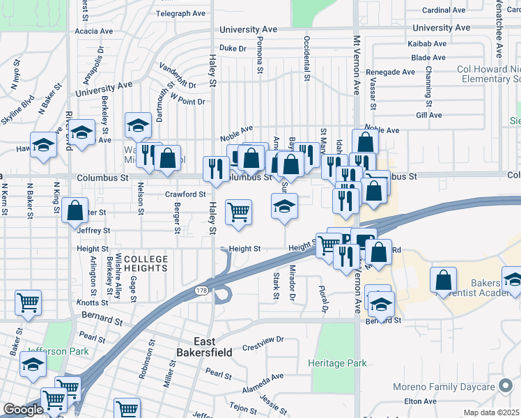 map of restaurants, bars, coffee shops, grocery stores, and more near 1601 Columbus Street in Bakersfield