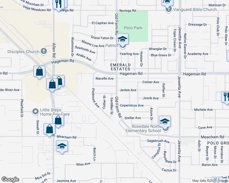 map of restaurants, bars, coffee shops, grocery stores, and more near 3923 Santillan Street in Bakersfield