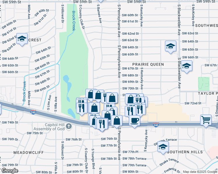 map of restaurants, bars, coffee shops, grocery stores, and more near 2120 Southwest 70th Street in Oklahoma City