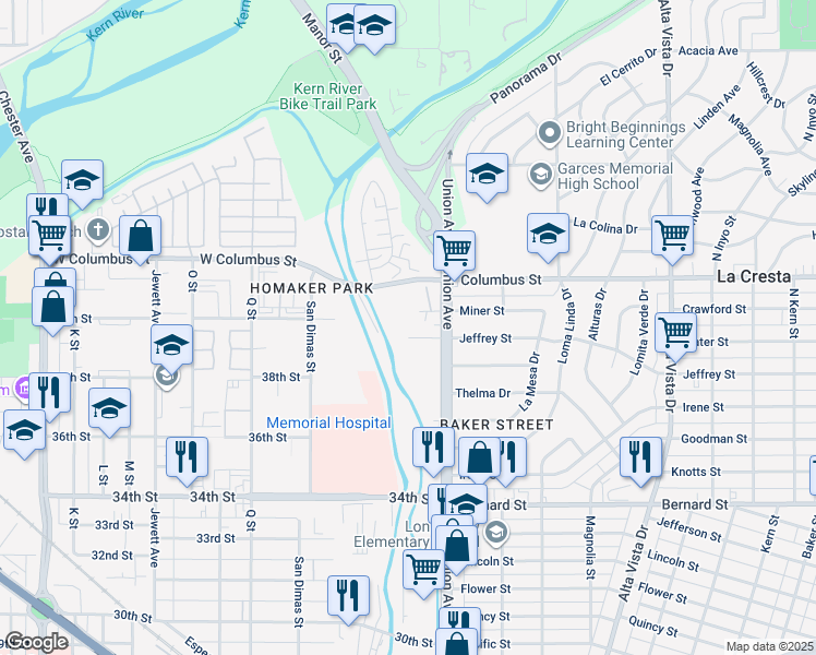 map of restaurants, bars, coffee shops, grocery stores, and more near 200 West Jeffrey Street in Bakersfield
