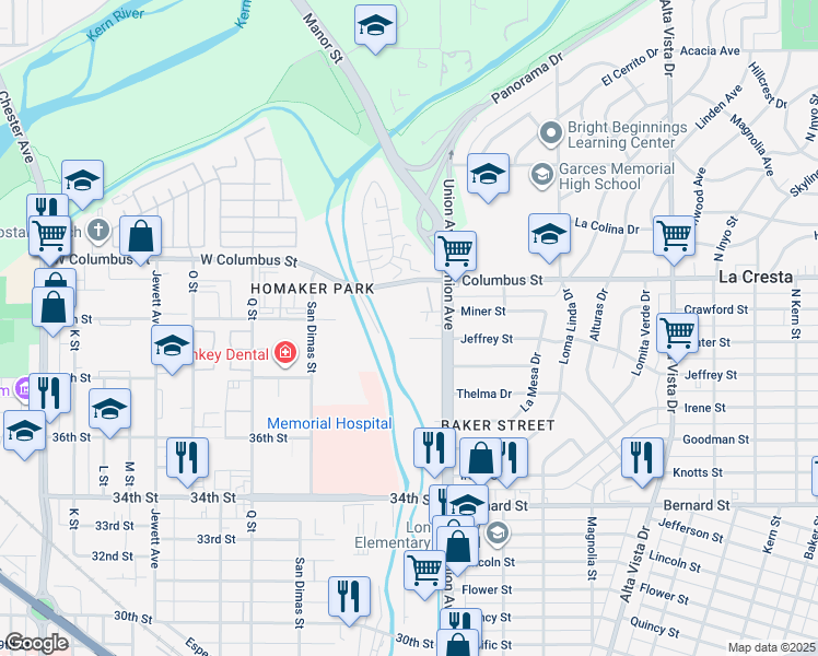 map of restaurants, bars, coffee shops, grocery stores, and more near 200 West Jeffrey Street in Bakersfield
