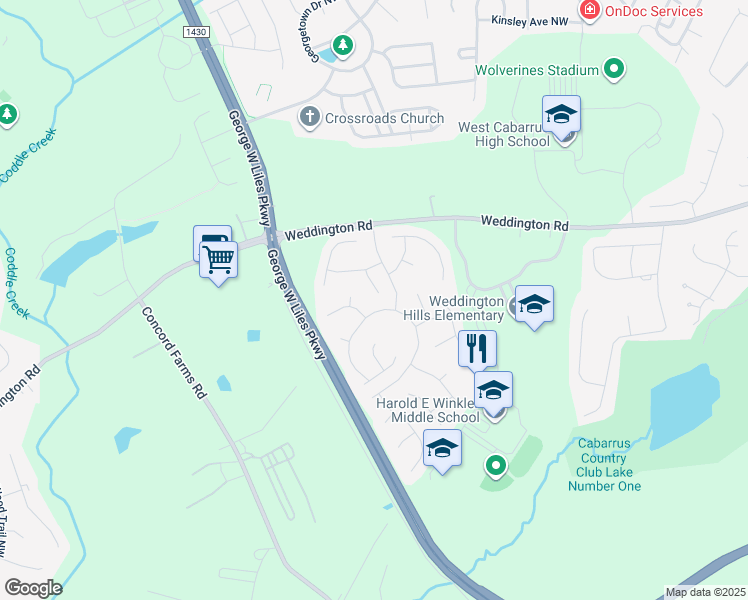 map of restaurants, bars, coffee shops, grocery stores, and more near 1268 Boswell Court Northwest in Concord