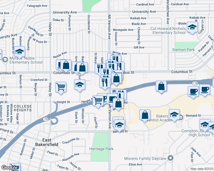 map of restaurants, bars, coffee shops, grocery stores, and more near 2676 Mount Vernon Avenue in Bakersfield