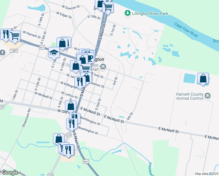 map of restaurants, bars, coffee shops, grocery stores, and more near 201 East James Street in Lillington