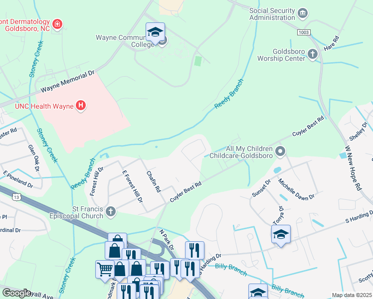 map of restaurants, bars, coffee shops, grocery stores, and more near 159 Oxford Drive in Goldsboro