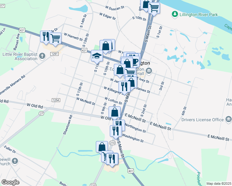 map of restaurants, bars, coffee shops, grocery stores, and more near 1104 South 8th Street in Lillington
