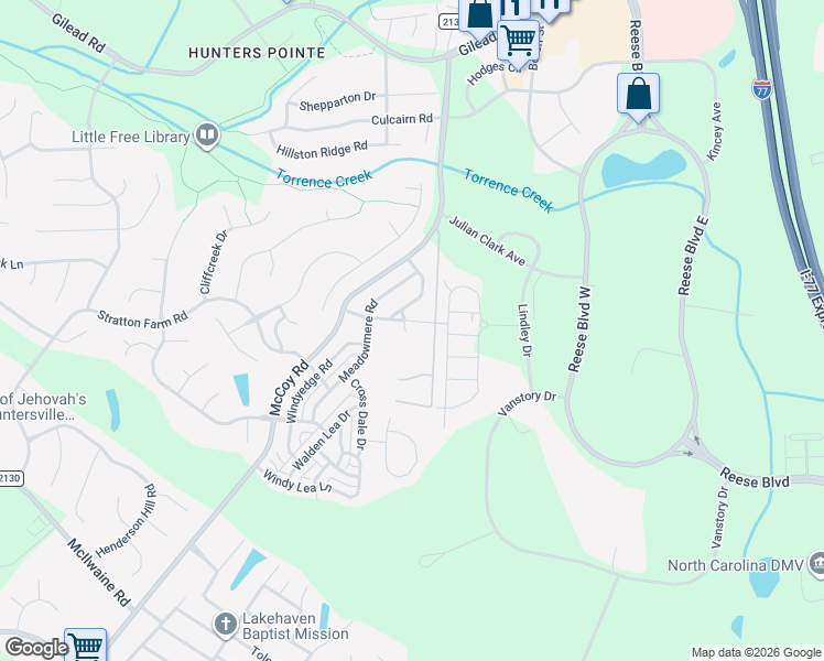 map of restaurants, bars, coffee shops, grocery stores, and more near 13324 Craig Mill Lane in Huntersville