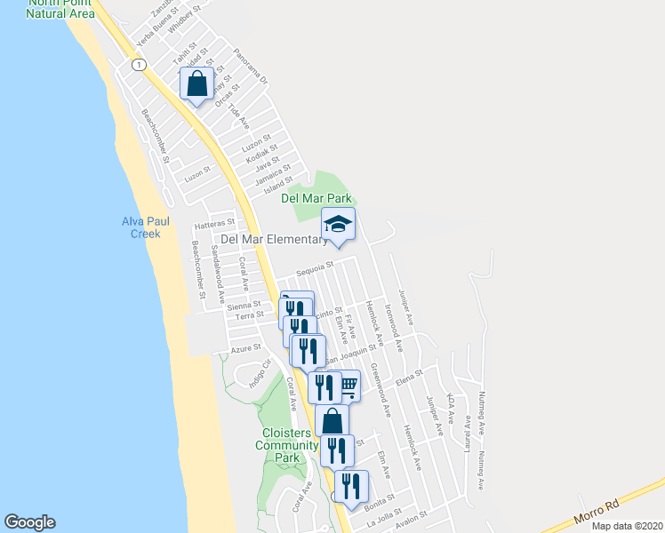 map of restaurants, bars, coffee shops, grocery stores, and more near 2975 Fir Avenue in Morro Bay