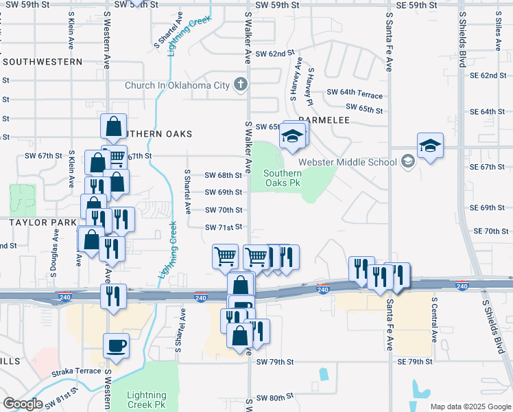 map of restaurants, bars, coffee shops, grocery stores, and more near 7000 South Walker Avenue in Oklahoma City