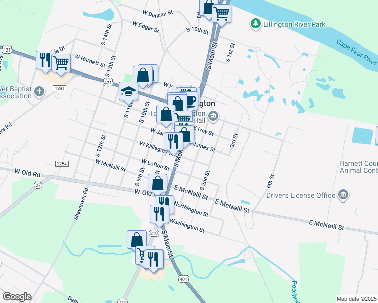 map of restaurants, bars, coffee shops, grocery stores, and more near South Main Street in Lillington