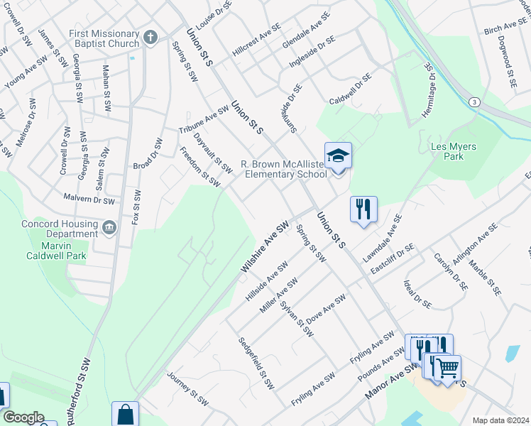 map of restaurants, bars, coffee shops, grocery stores, and more near Dresden Street Southwest in Concord