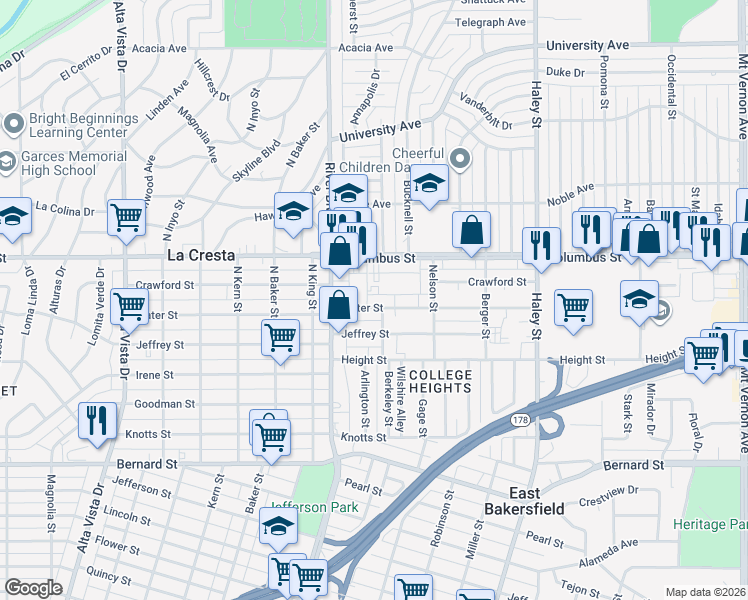 map of restaurants, bars, coffee shops, grocery stores, and more near 929 Water Street in Bakersfield