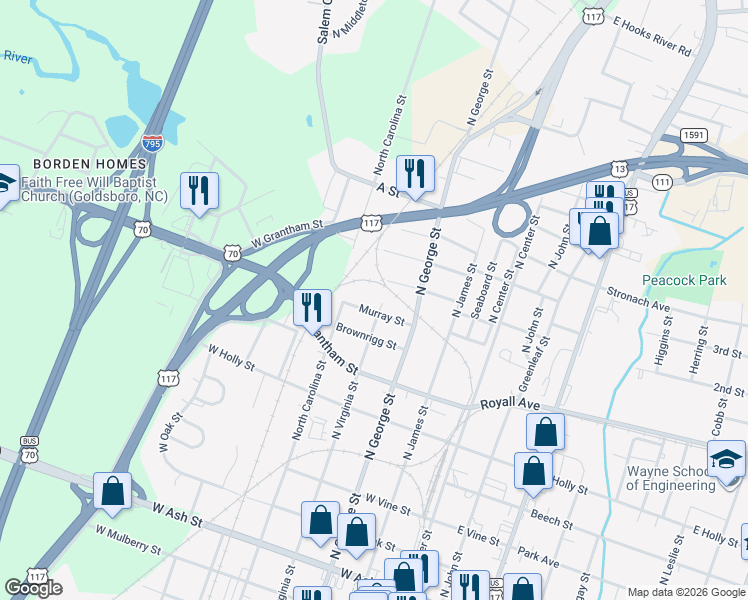 map of restaurants, bars, coffee shops, grocery stores, and more near 310 Murray Street in Goldsboro