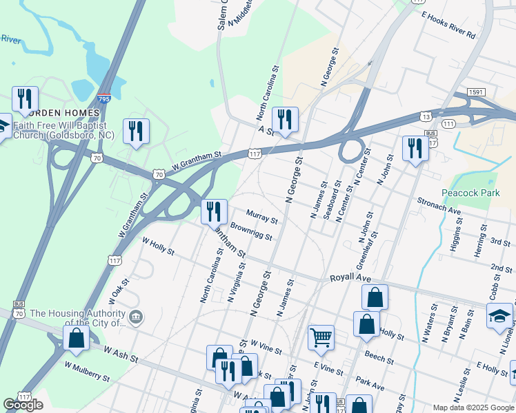 map of restaurants, bars, coffee shops, grocery stores, and more near 1005 North Virginia Street in Goldsboro