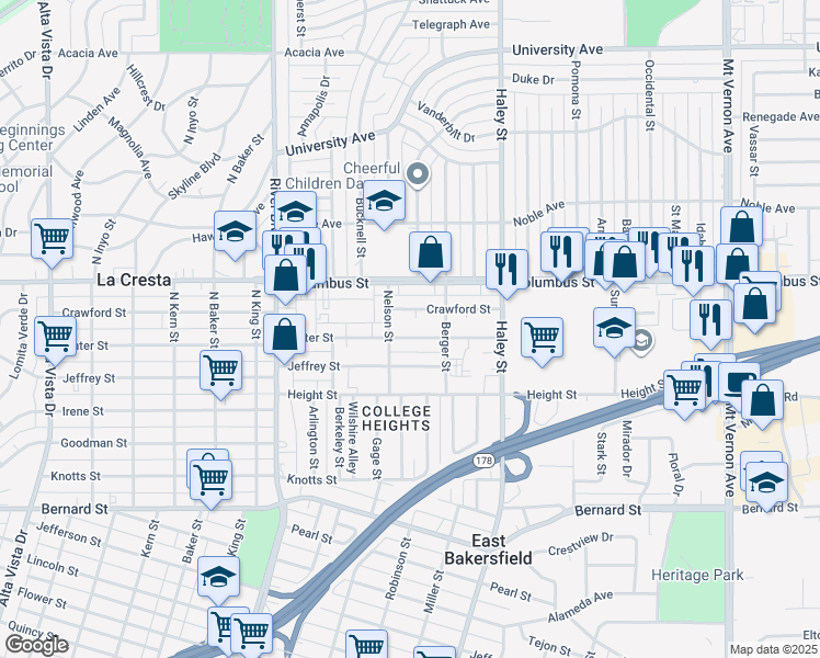 map of restaurants, bars, coffee shops, grocery stores, and more near 1218 Water Street in Bakersfield