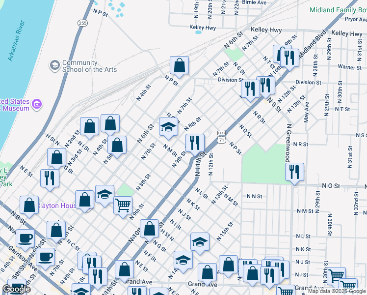map of restaurants, bars, coffee shops, grocery stores, and more near 820 North N Street in Fort Smith