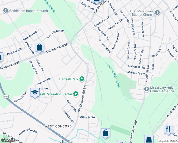 map of restaurants, bars, coffee shops, grocery stores, and more near 511 Old Charlotte Road Southwest in Concord
