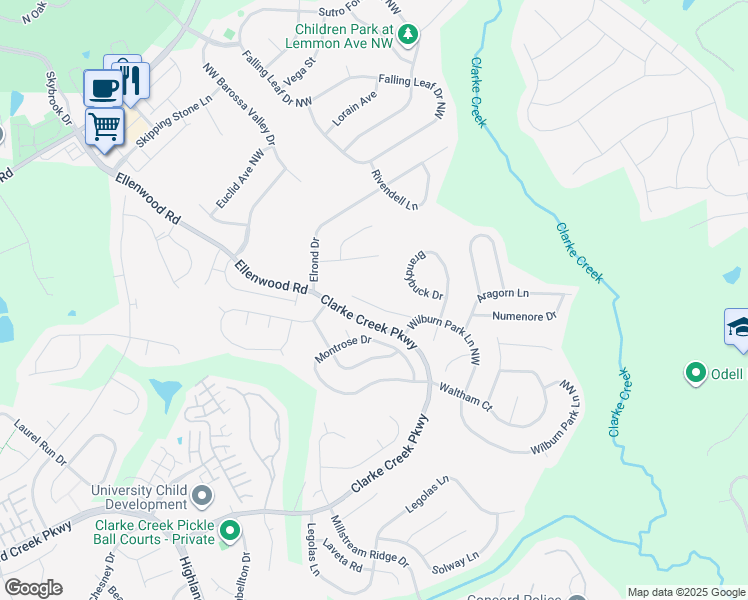map of restaurants, bars, coffee shops, grocery stores, and more near 10034 Falmouth Lane in Charlotte