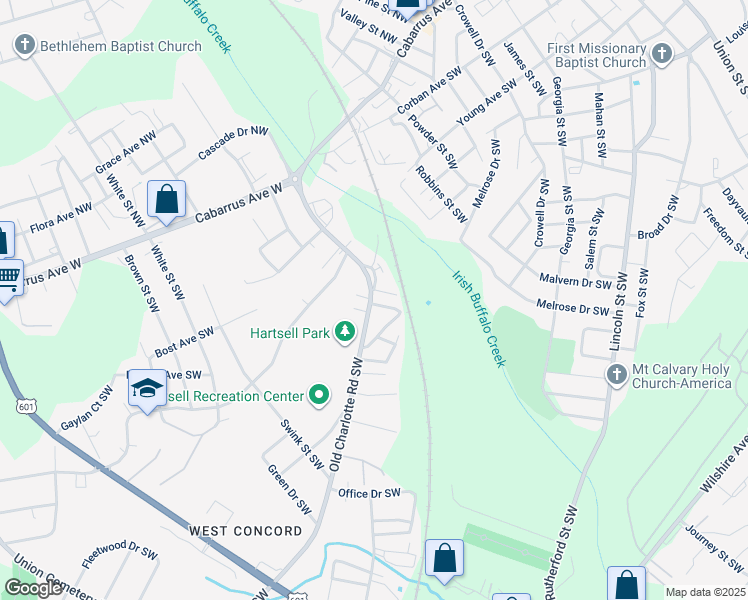 map of restaurants, bars, coffee shops, grocery stores, and more near 511 Old Charlotte Road Southwest in Concord