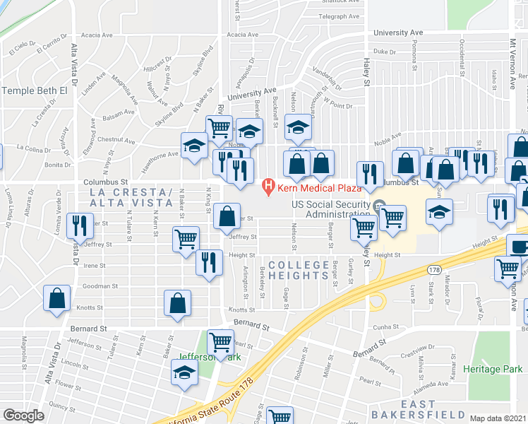 map of restaurants, bars, coffee shops, grocery stores, and more near 929 Water Street in Bakersfield