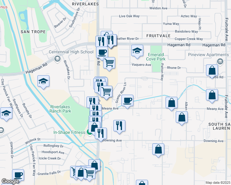 map of restaurants, bars, coffee shops, grocery stores, and more near 205 Scenic River Lane in Bakersfield