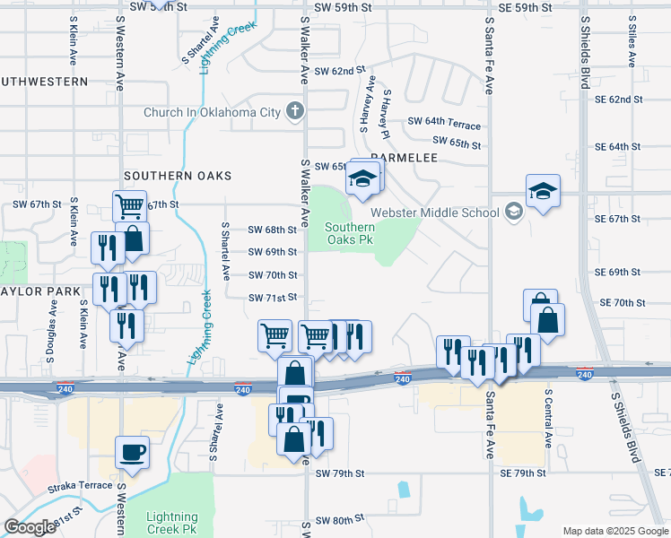 map of restaurants, bars, coffee shops, grocery stores, and more near 7000 South Walker Avenue in Oklahoma City