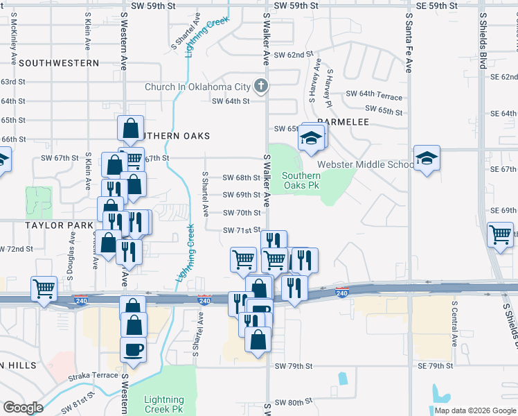 map of restaurants, bars, coffee shops, grocery stores, and more near 516 Southwest 70th Street in Oklahoma City