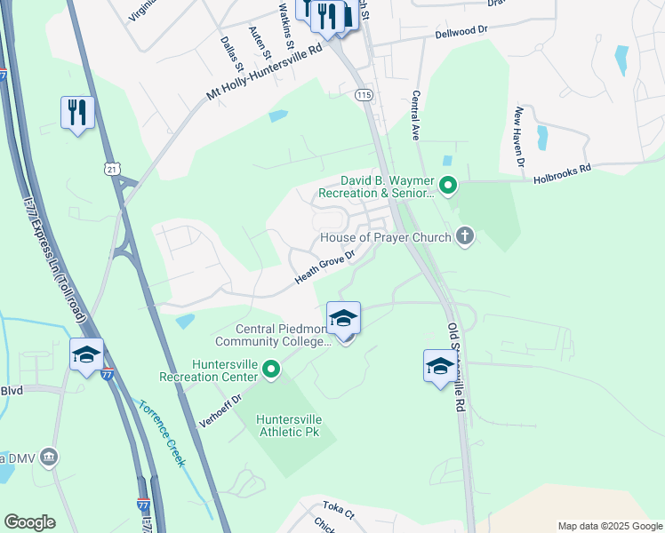 map of restaurants, bars, coffee shops, grocery stores, and more near 13010 Heath Grove Drive in Huntersville