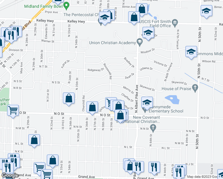 map of restaurants, bars, coffee shops, grocery stores, and more near 3901 Chaffee Drive in Fort Smith