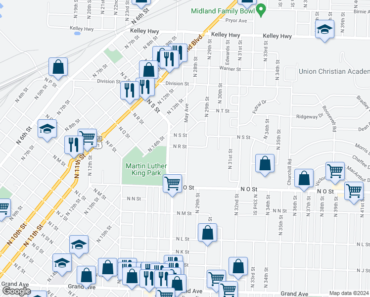 map of restaurants, bars, coffee shops, grocery stores, and more near 1823 North May Avenue in Fort Smith