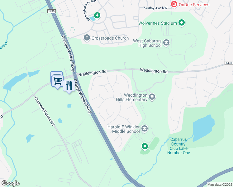 map of restaurants, bars, coffee shops, grocery stores, and more near 1317 Pennington Place Northwest in Concord