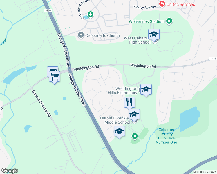 map of restaurants, bars, coffee shops, grocery stores, and more near 1317 Pennington Place Northwest in Concord