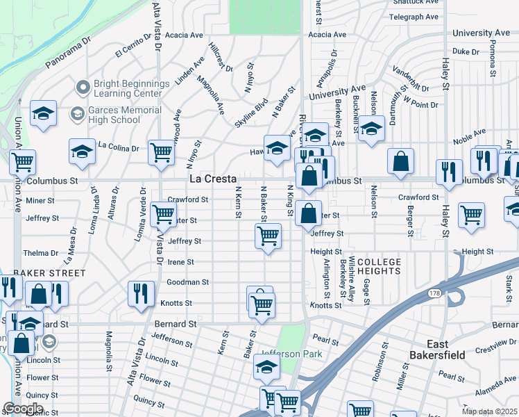 map of restaurants, bars, coffee shops, grocery stores, and more near 2512 North Baker Street in Bakersfield
